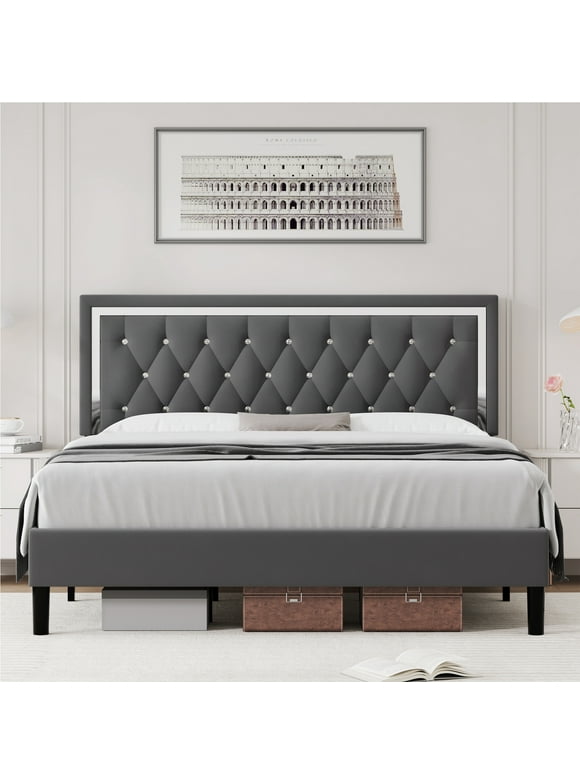 Homfa King Bed Frame for Bedroom, Modern Diamond Tufted Upholstered Platform Bed with Adjustable Headboard Support Legs, Gray