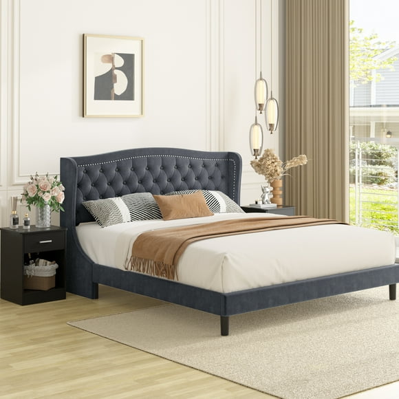 Homfa King Bed Frame for Bedroom, Wing-Back Button Tufted Upholstered Headboard, Modern Solid Wood Platform Bed Frame, Dark Gray