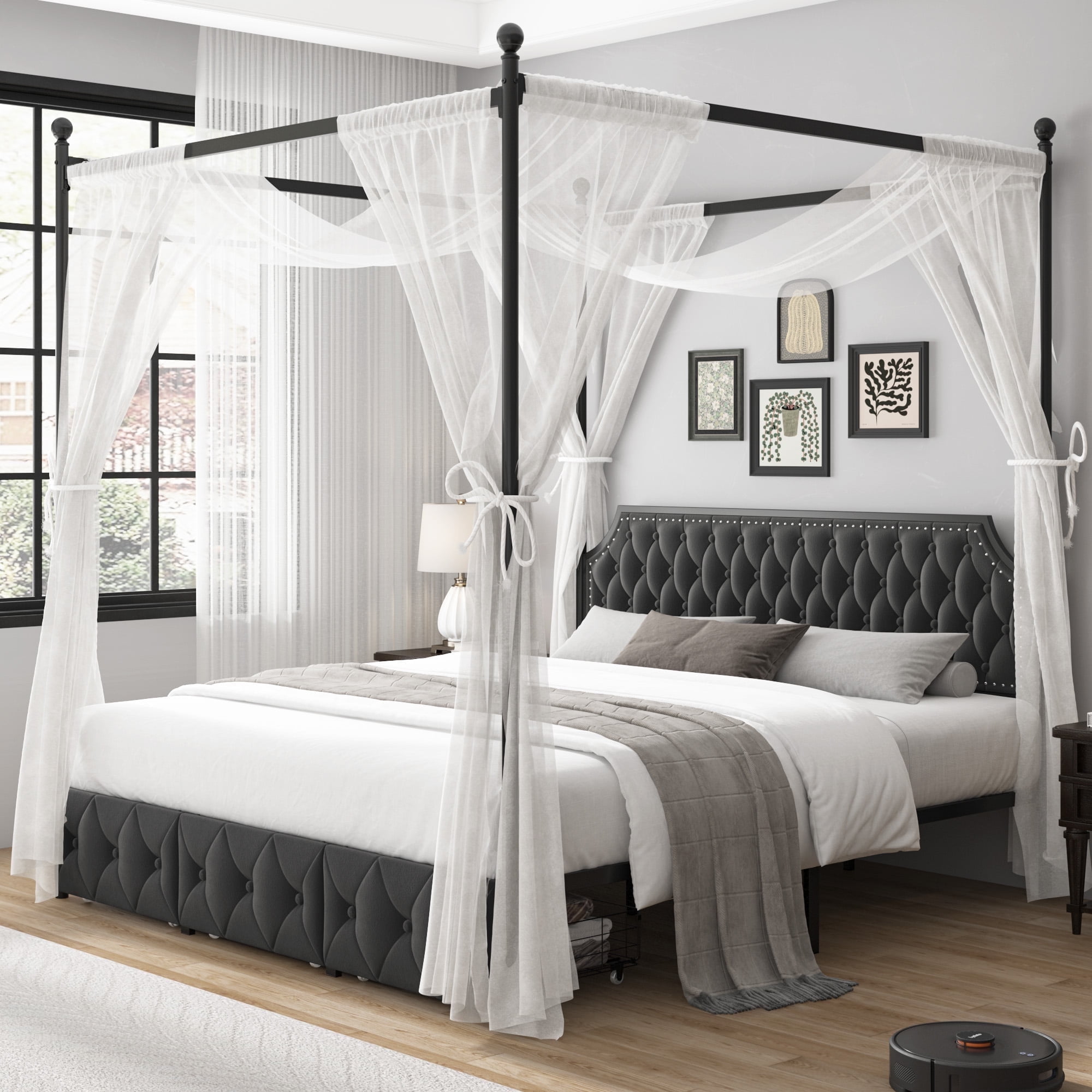 Homfa King Bed Frame with 3 Drawer, Canopy Bed Frame with Storage & Upholstered Headboard for Bedroom, Curtain Not Included, Gray
