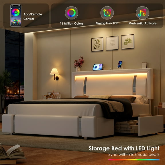 Homfa King Bed Frame with LED Headboard & Charge Station & 2 Storage Drawers, PU Leather Upholstery Adjustable Platform Bed Frame, White