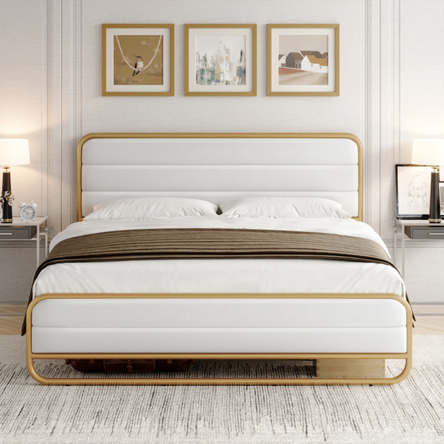Homfa King Bed Frame with PU Leather Upholstered Headboard, Gold Metal