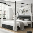 thumbnail image 1 of Homfa King Canopy Bed Frame for Bedroom with Drawer, Modern Platform Bed with Button Tufted Upholstered Headboard, Canopy Bed Curtain Not Included, Dark Gray, 1 of 10