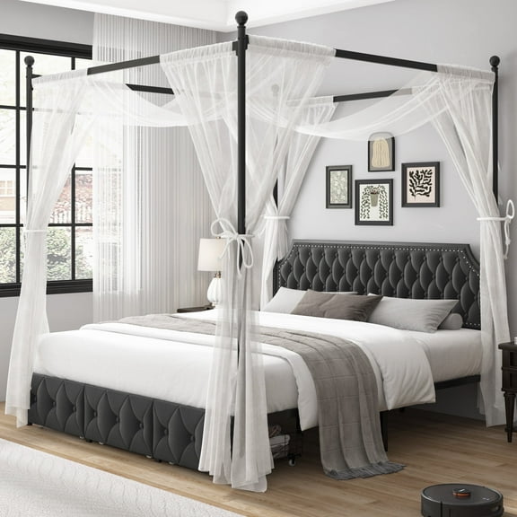 Homfa King Canopy Bed Frame for Bedroom with Drawer, Modern Platform Bed with Button Tufted Upholstered Headboard, Canopy Bed Curtain Not Included, Dark Gray