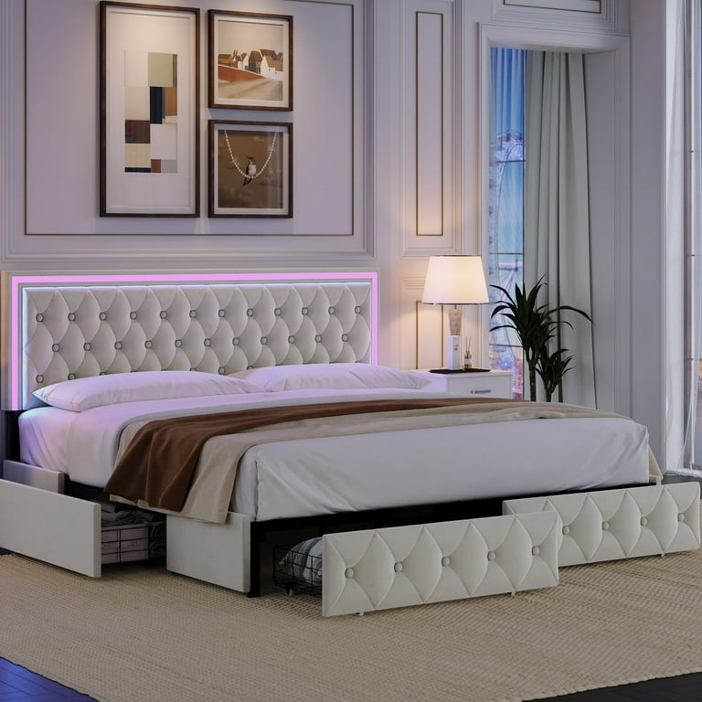 Homfa King LED Bed with 4 Drawers LED Lights Platform Storage Bed Frame with Upholstered Adjustable Button Tufted Headboard Velvet Beige