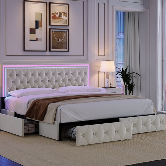 Homfa King LED Bed with 4 Drawers, LED Lights Platform Storage Bed Frame with Upholstered Adjustable Button Tufted Headboard, Velvet Beige