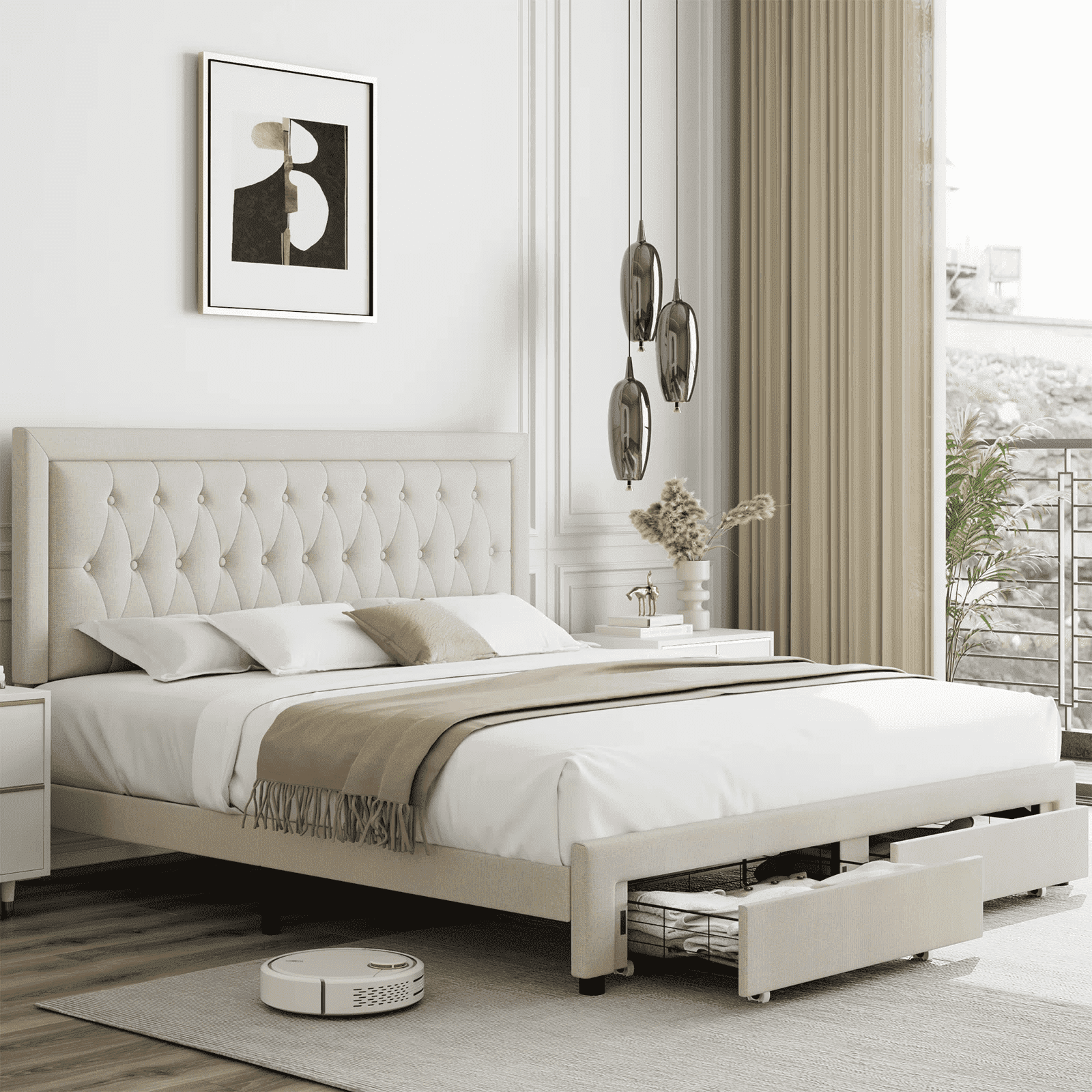 Homfa King Size Bed Frame with 2 Drawers, Tufted Linen
