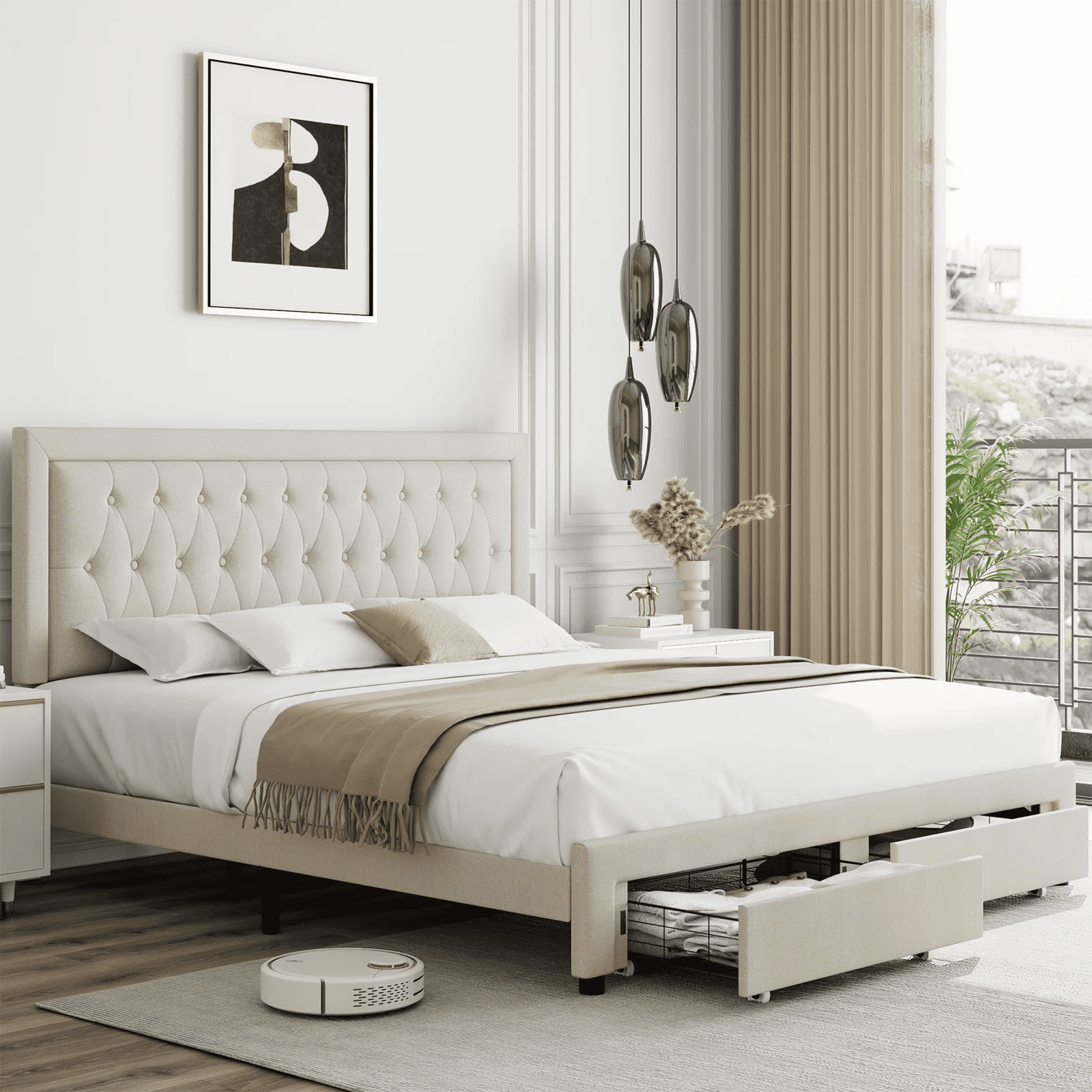 Homfa King Size 2 Drawers Bed Frame, Linen Upholstered Platform Bed ...