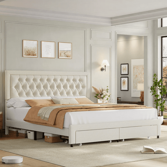 Homfa King Size Bed Frame with Storage, Linen Upholstered Platform Bed with 2 Storage Drawers & Adjustable Button Headboard, Beige