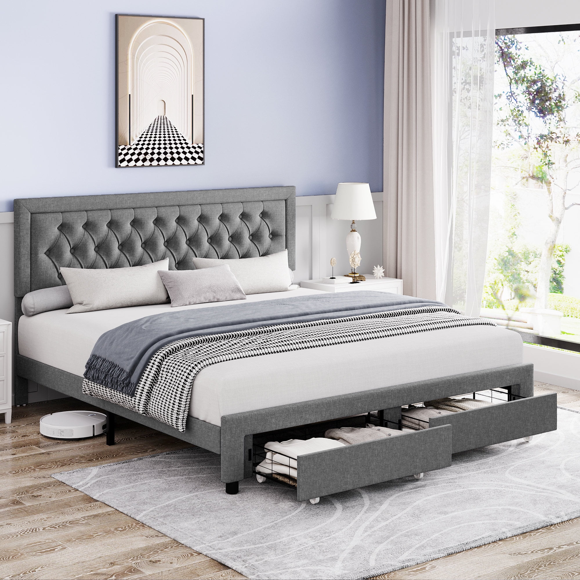 Homfa King Size 2 Drawers Bed Frame, Linen Upholstered Platform Bed