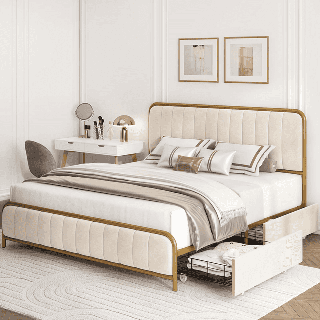 Homfa King Bed Frame with Storage, Gold, Beige