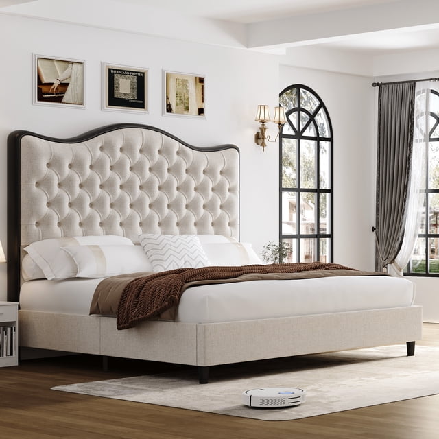 Homfa High King Size Bed Frame, 54.5'' H Linen Upholstered, Modern ...