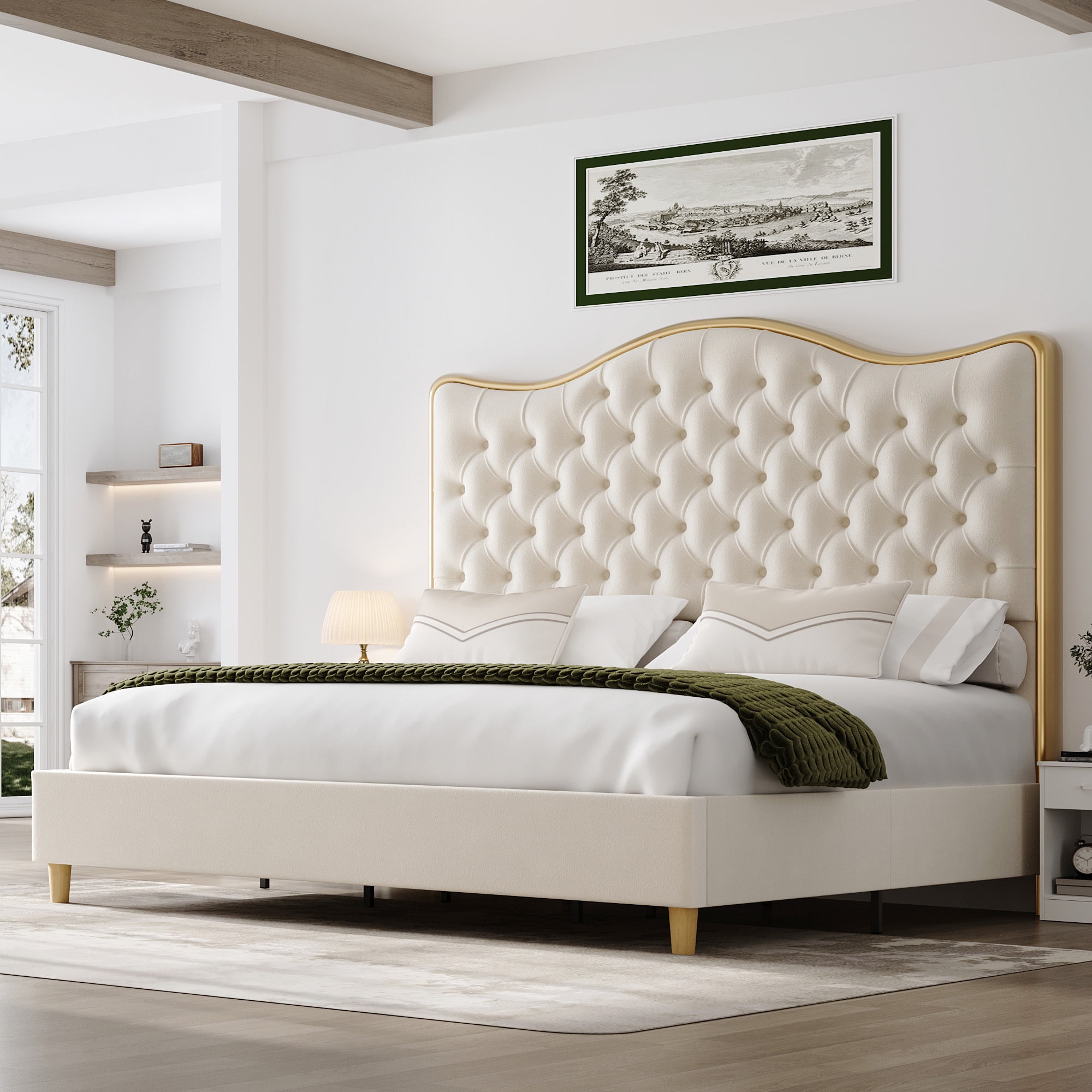 Free Shipping Homfa King Size 54.5 H Velvet Upholstered Bed Frame Modern Platform Bed with Deep Button Tufted Headboard Cream Gold Walmart