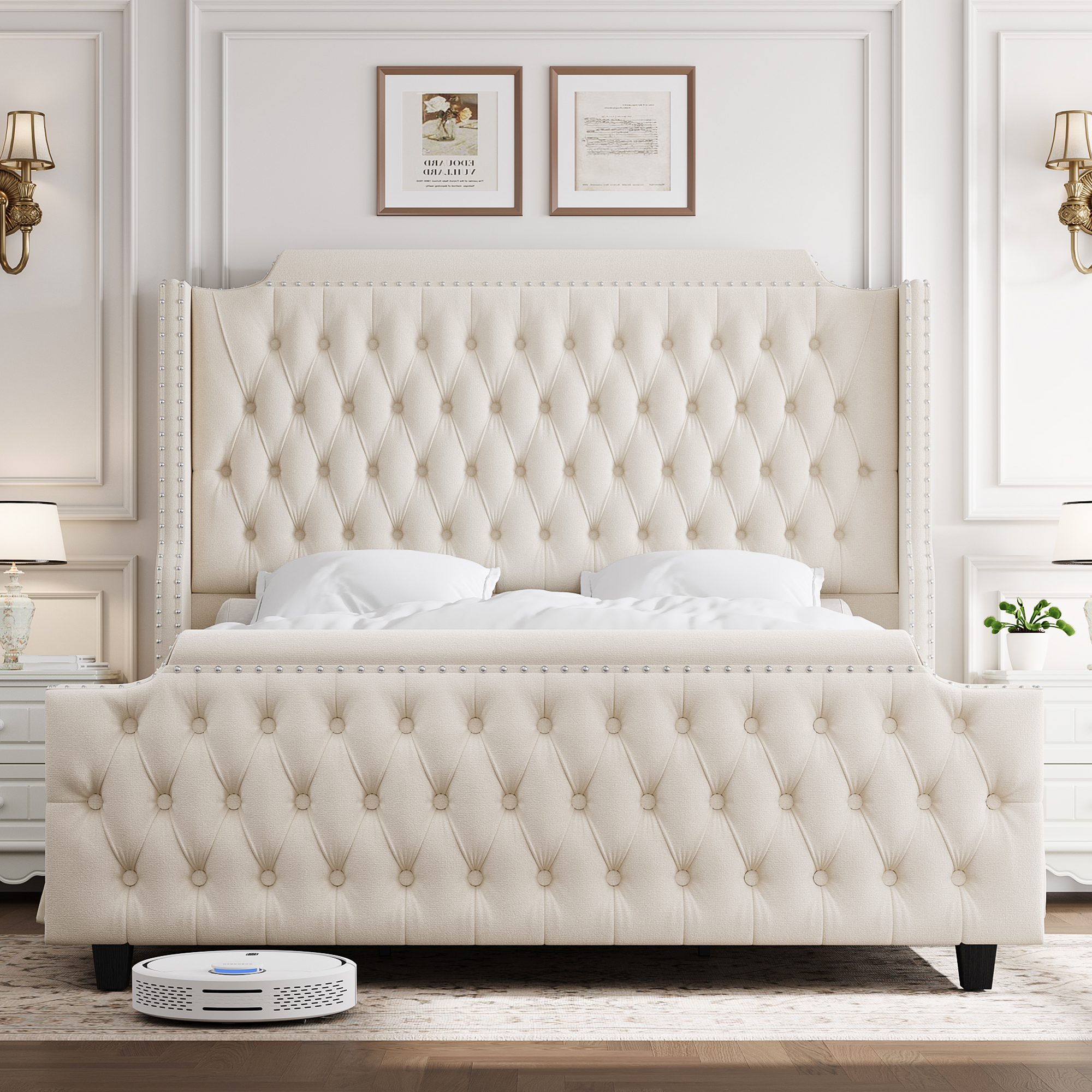 Homfa King Size 54" Tall Bed Frame, Velvet Deep Button Tufted