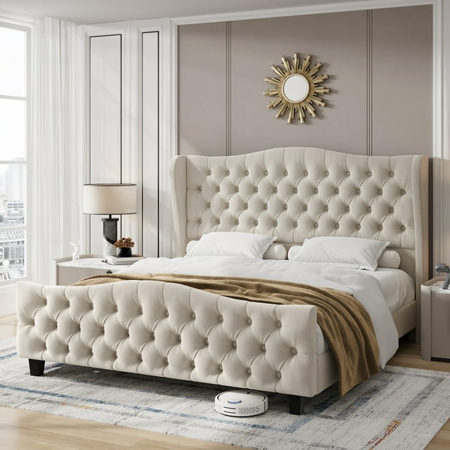 Homfa King Size Bed Frame, 54.3” Tall Platform Bed Modern Velvet Tufted