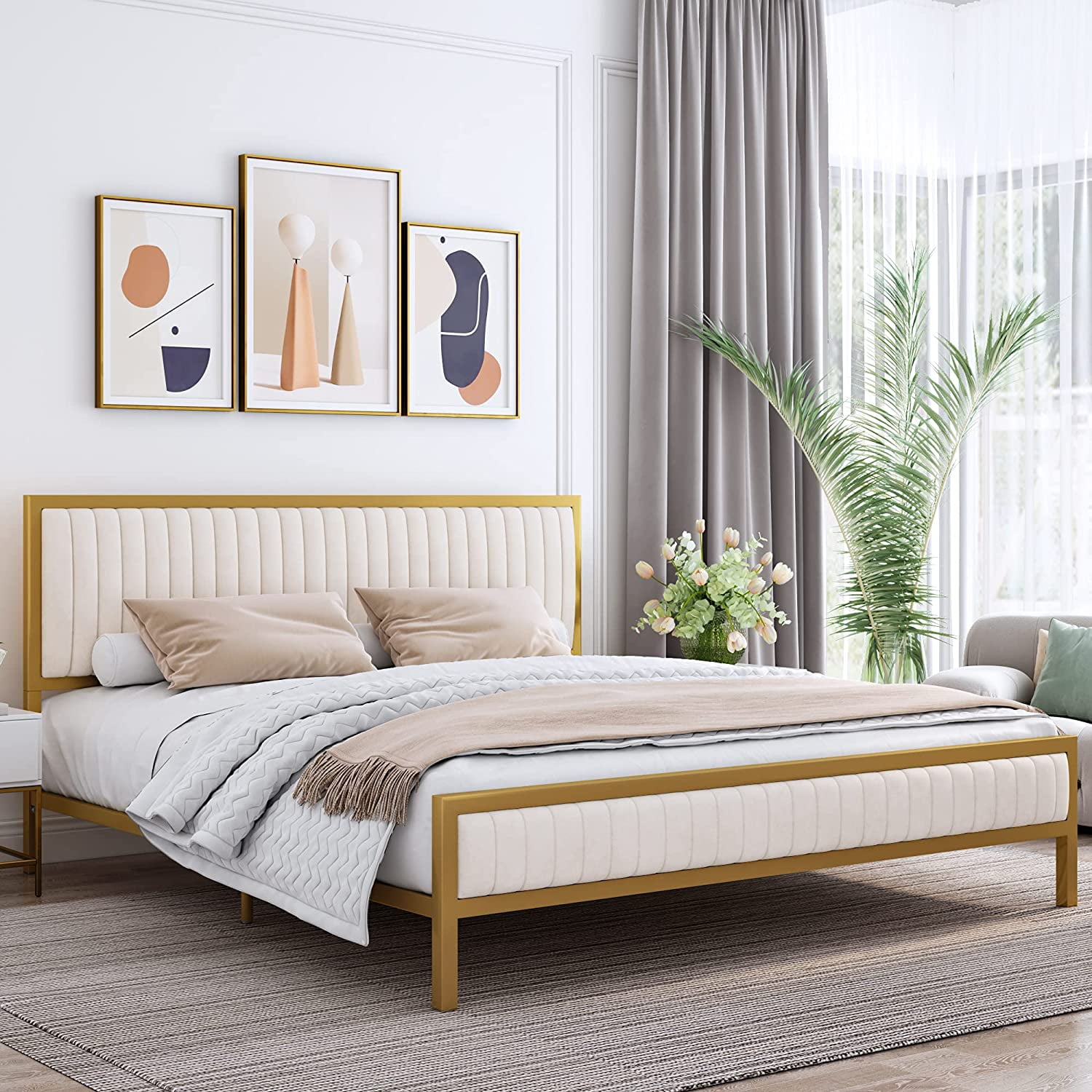 Homfa Golden Metal King Size Bed Frame with Velvet Upholstered Headboard Beige Heavy Duty Elegant Design Easy Assembly