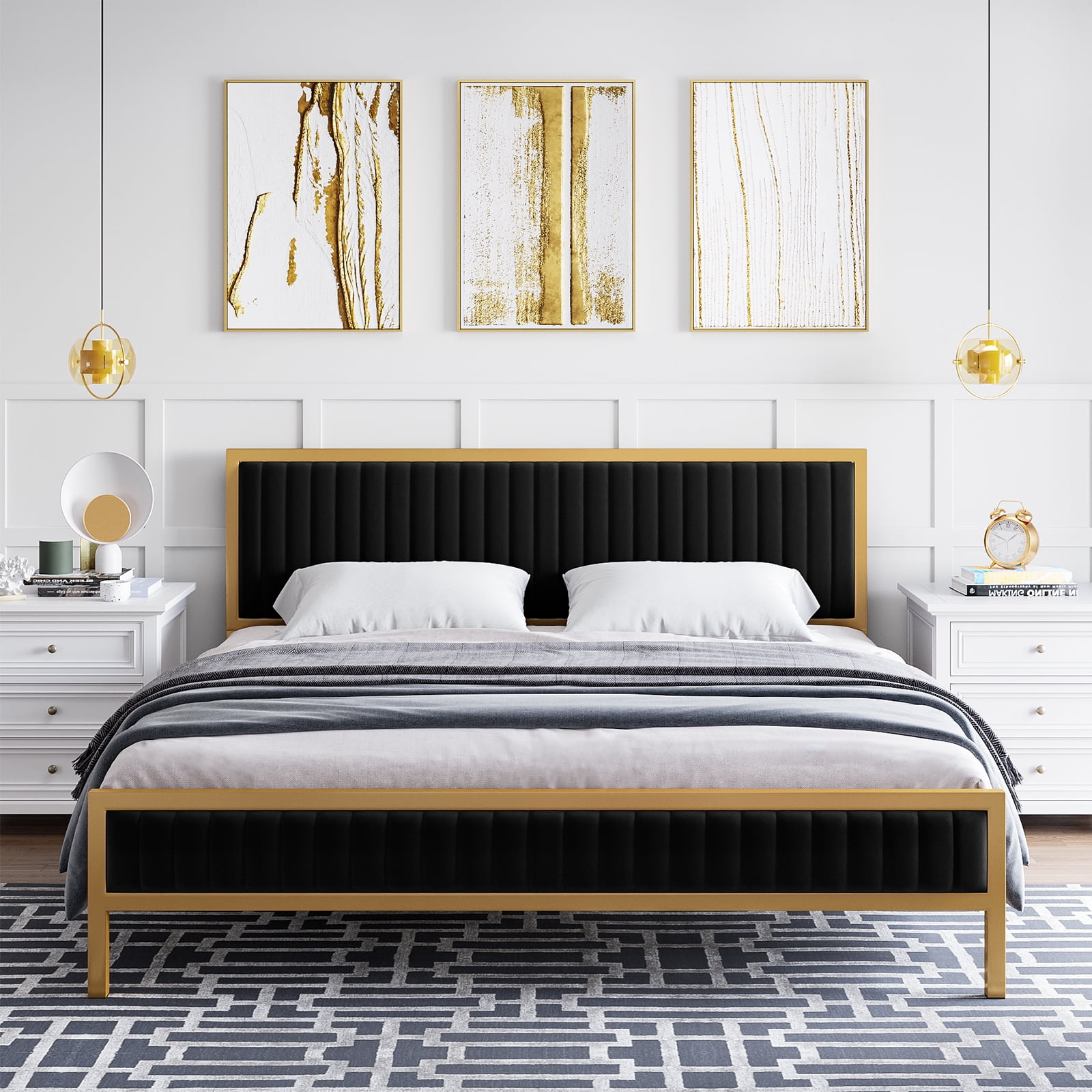 Homfa King Size Bed Frame, Golden Metal Platform Bed with Velvet