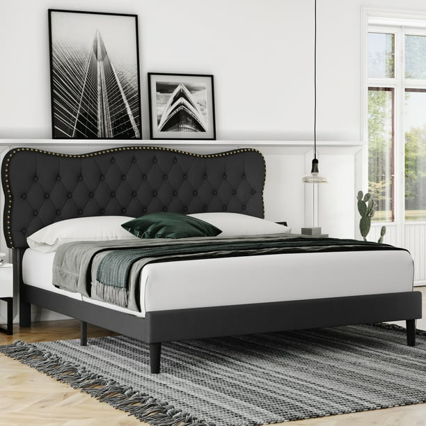 Homfa King Size Bed Frame, Linen Upholstered Platform Bed with Button