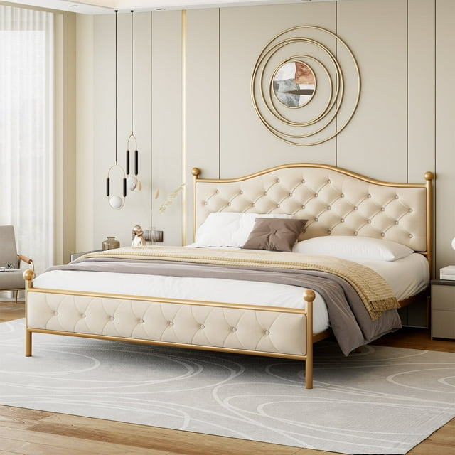 Homfa King Size Bed Frame, Metal Tubular Platform Bed with Button