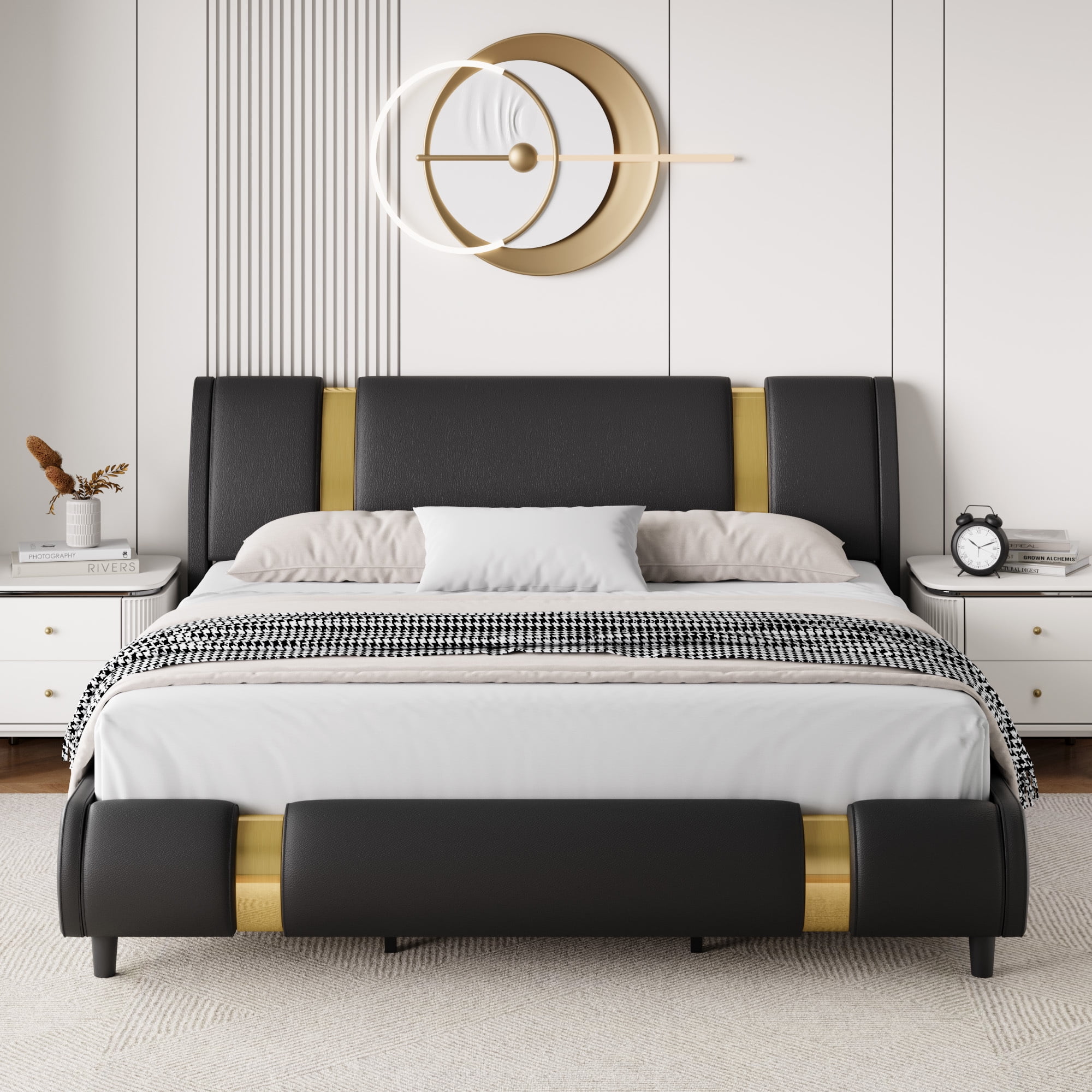 Homfa King Size Bed Frame, Modern Leather Upholstered Platform Bed
