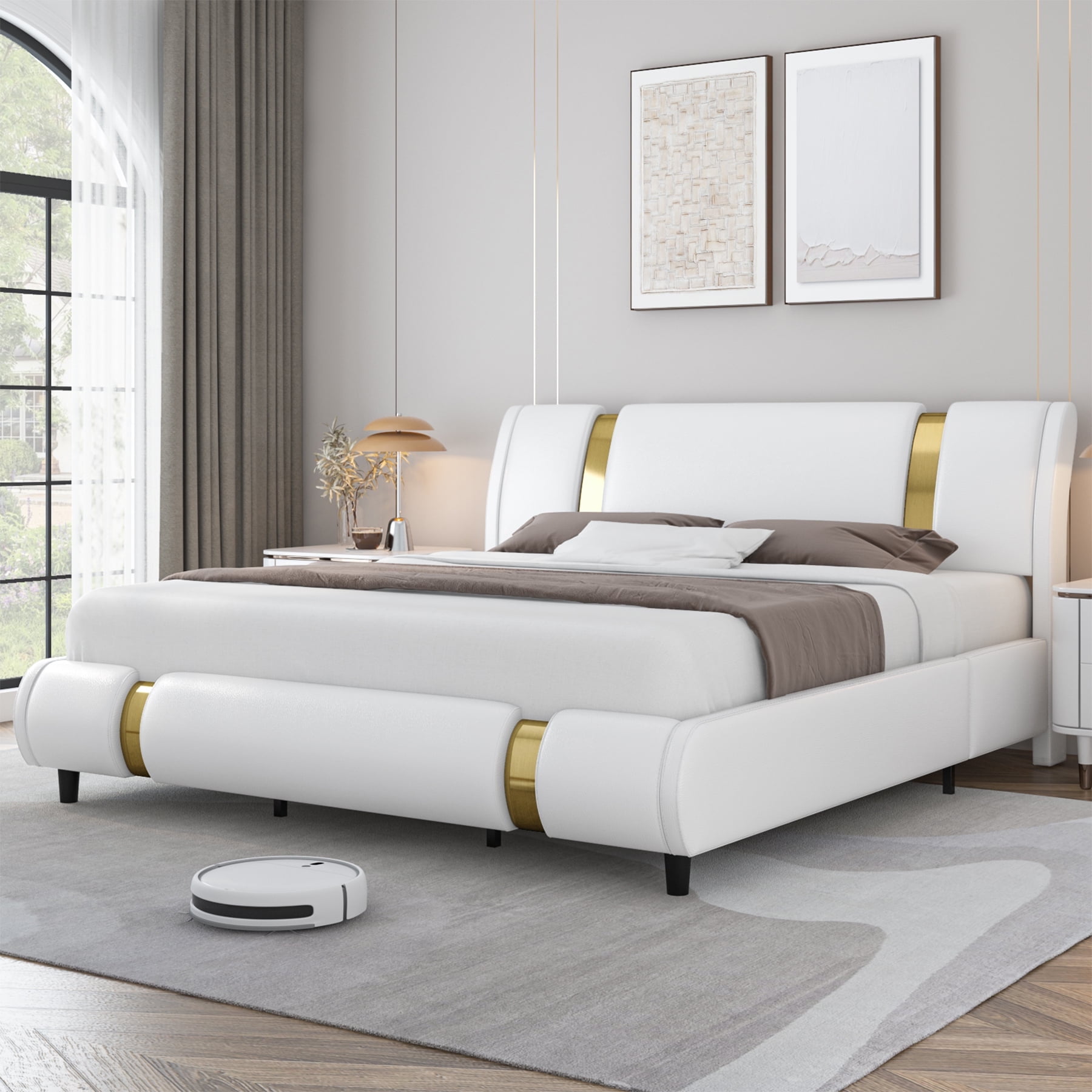 Homfa Upholstery King Size Bed, Faux Leather Frame With Adjustable