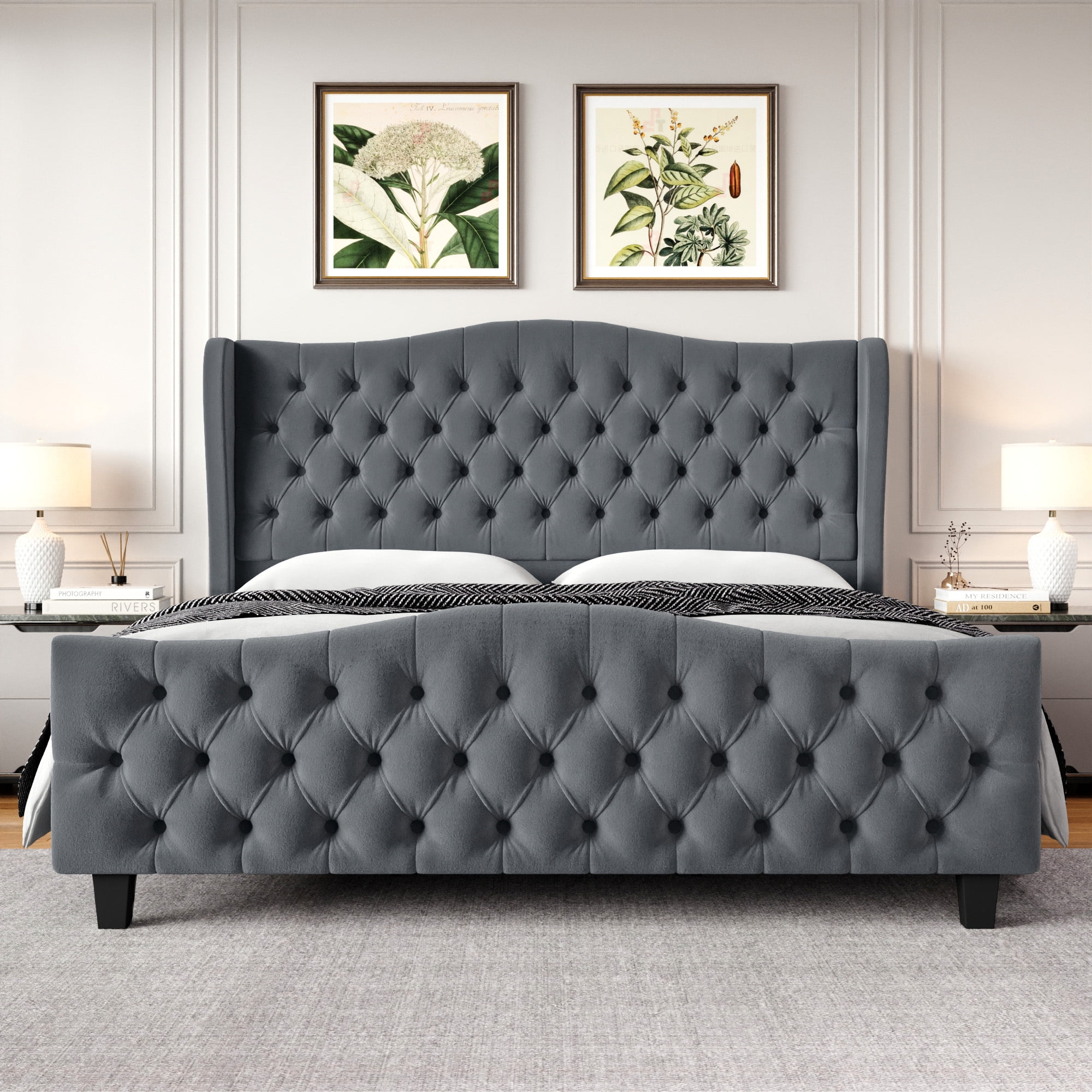 AMERLIFE King Size Platform Bed Frame, Chenille Upholstered  Sleigh Bed with Scroll Wingback Headboard & Footboard/Button Tufted/No Box  Spring Required/Cream : Home & Kitchen