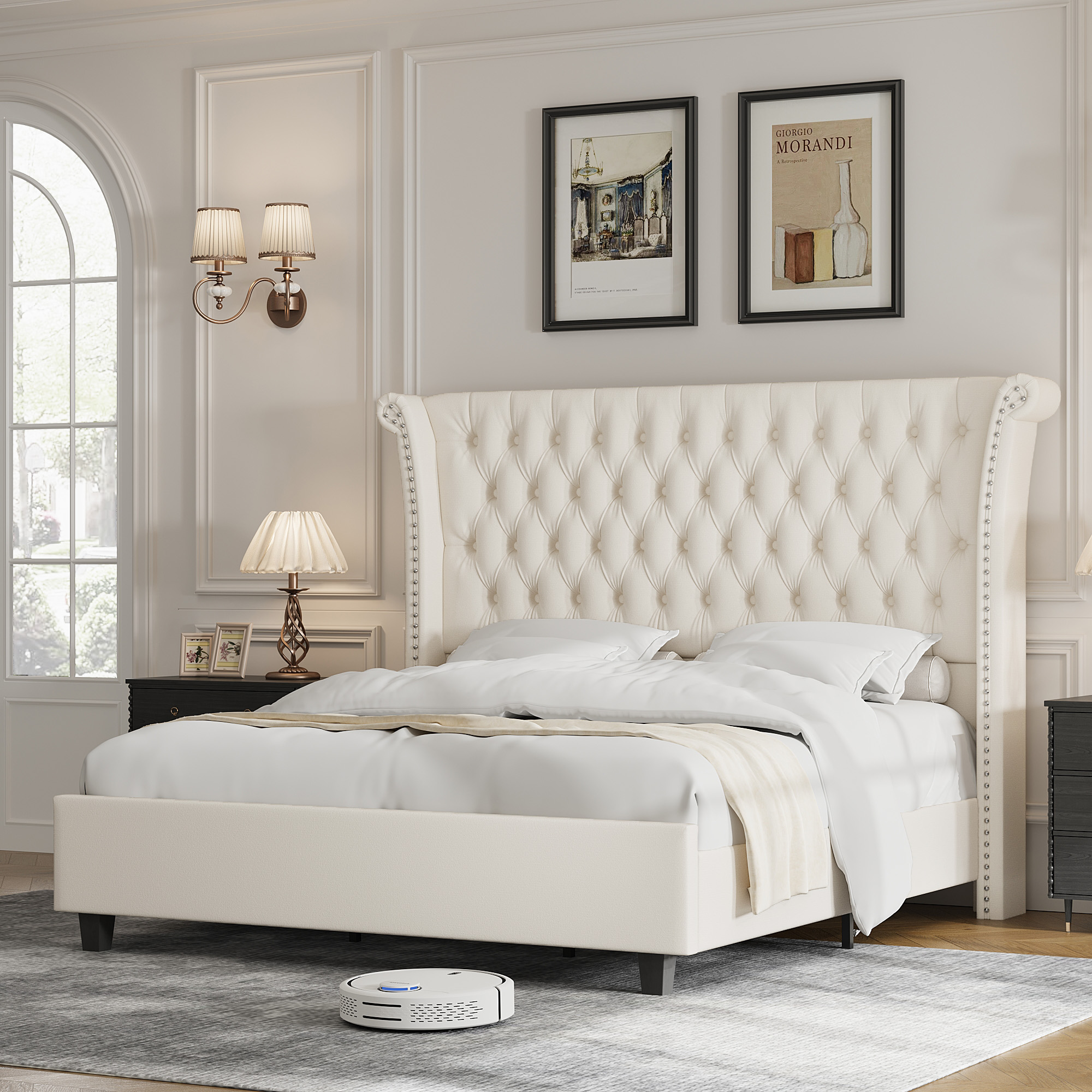 Homfa King Size Bed Frame, Modern Velvet Tufted Upholstered Platform Bed with Rivet Rolled Edge High Wingback Headboard, White - image 1 of 7