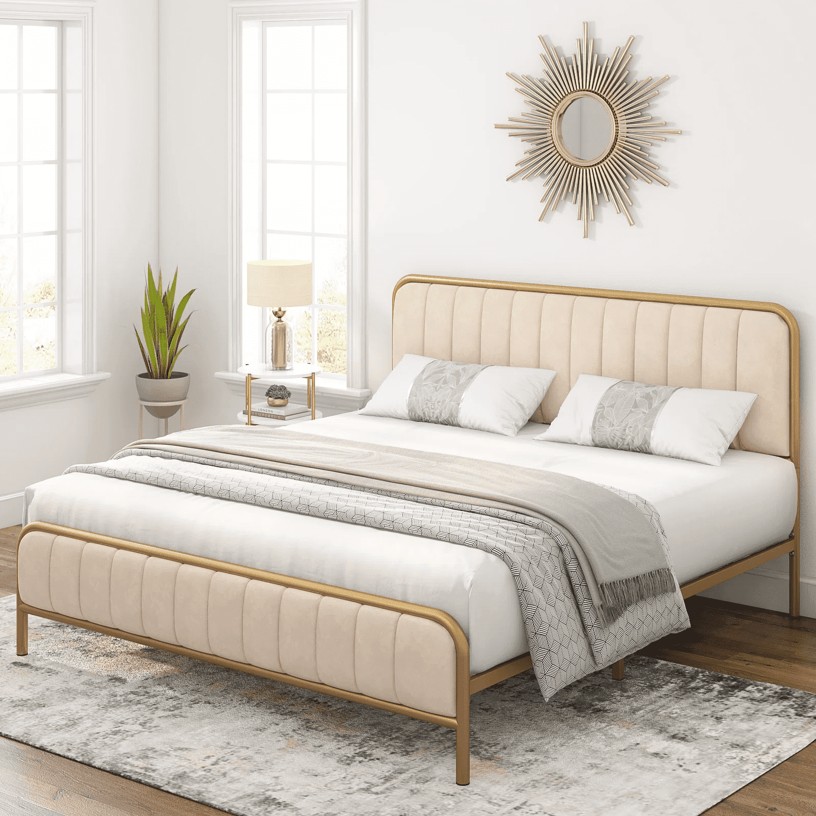 Homfa King Size Platform Bed Frame, Round Metal Tube Heavy Duty Bed Frame with Tufted Upholstered Headboard, Gold and Beige