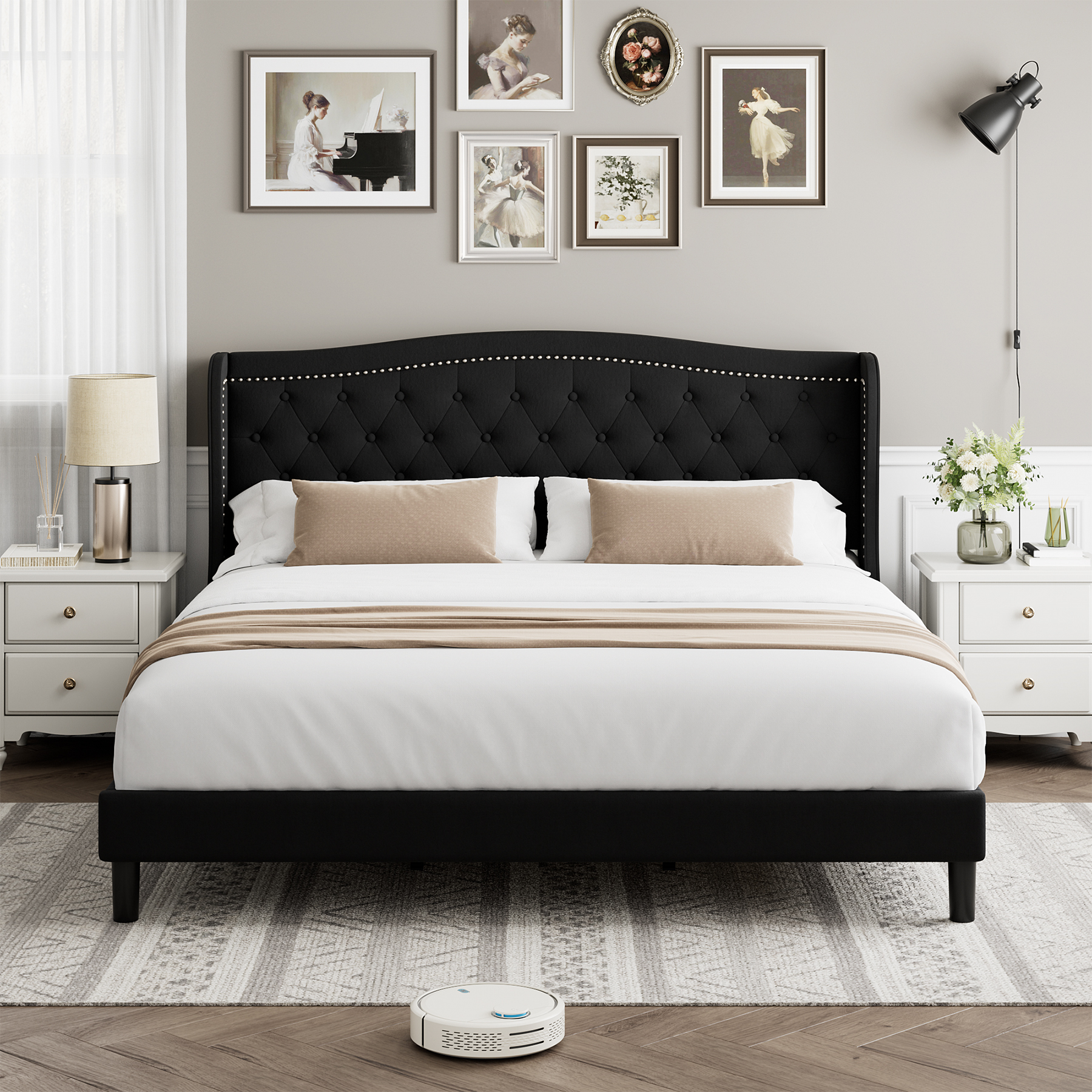 Furinno Laval Button Tufted Bed, 12 Pieces Slat Style, Glacier