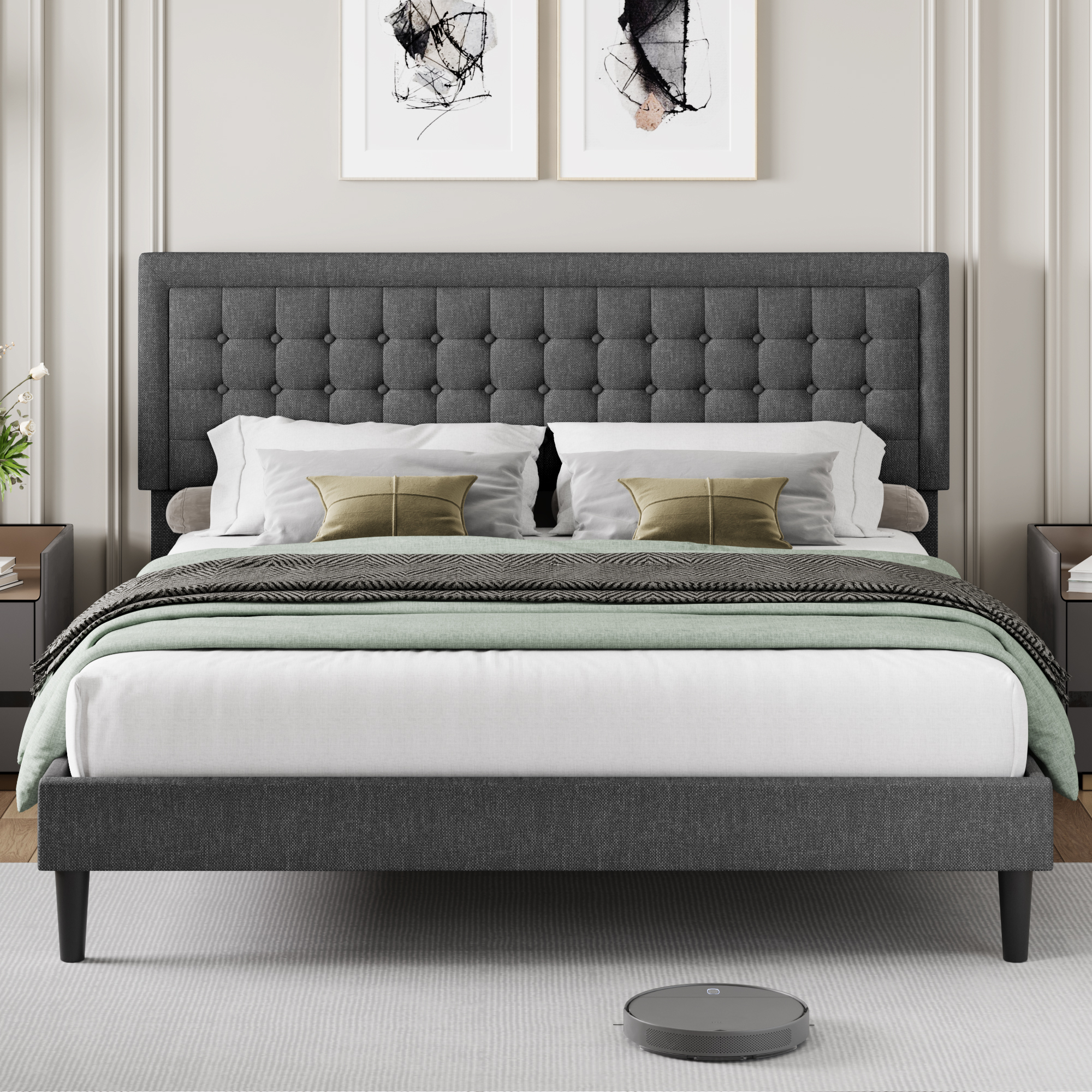 Furinno Laval Button Tufted Bed Frame, 12PC Slat Style, Glacier, King