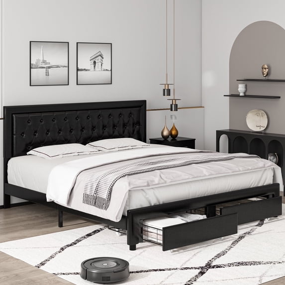 Homfa King Size Bed Frame with 2 Drawers, PU Leather Upholstered Platform Bed with Adjustable Button Headboard, Black
