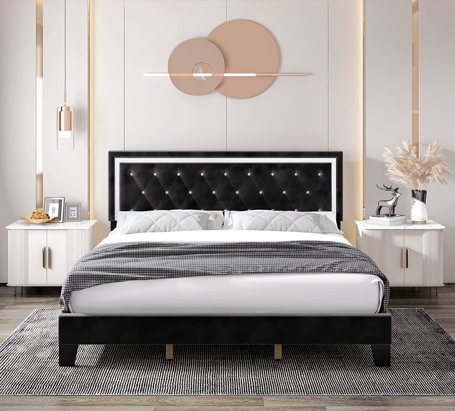 Homfa King Size Bed Frame with Adjustable Headboard Diamond Tufted Upholstered Platform Bed Frame Black
