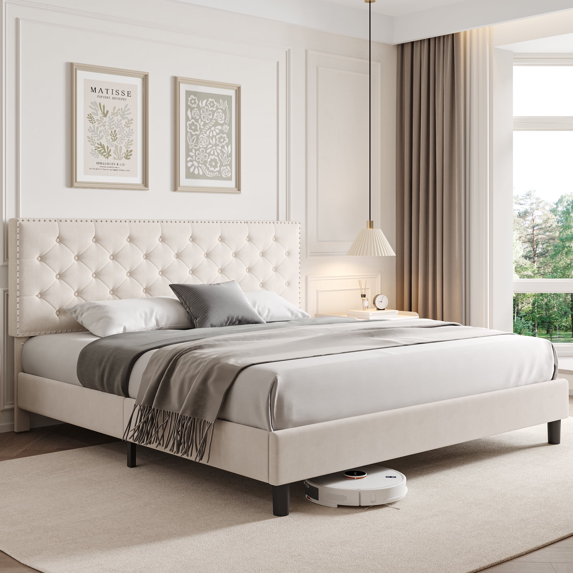 Homfa King Size Bed, Modern Upholstered Platform Bed Frame with Adjustable  Headboard for Bedroom, Beige 