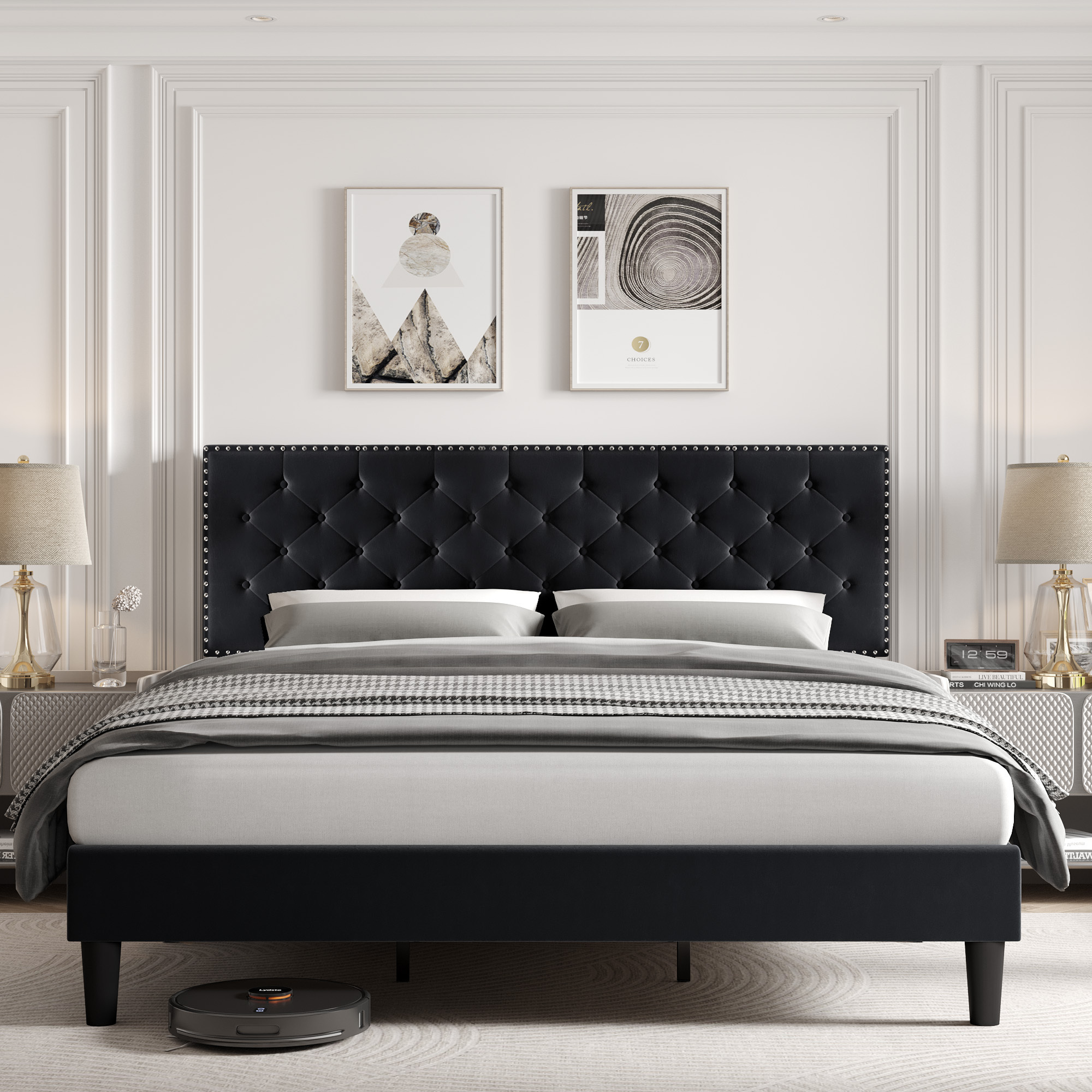 Homfa King Size Bed, Modern Upholstered Platform Bed Frame with Adjustable Headboard for Bedroom, Black - image 1 of 7