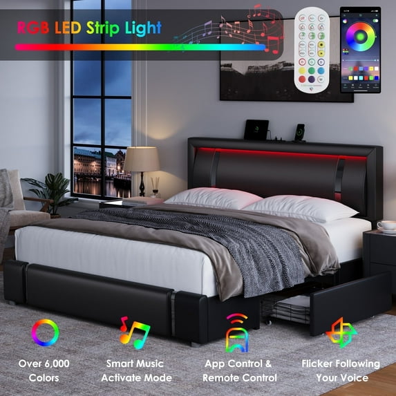 Homfa King Size LED Bed Frame with 2 Storage Drawers & USB Ports, Modern Leather Upholstered Platform Bed Frame with Adjustable Headboard, No Box Spring Needed, Black