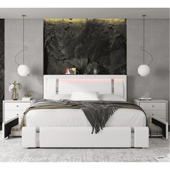 Homfa King Size LED Bed Frame with 2 Storage Drawers & USB Ports, Modern Leather Upholstered Platform Bed Frame with Adjustable Headboard, No Box Spring Needed, White