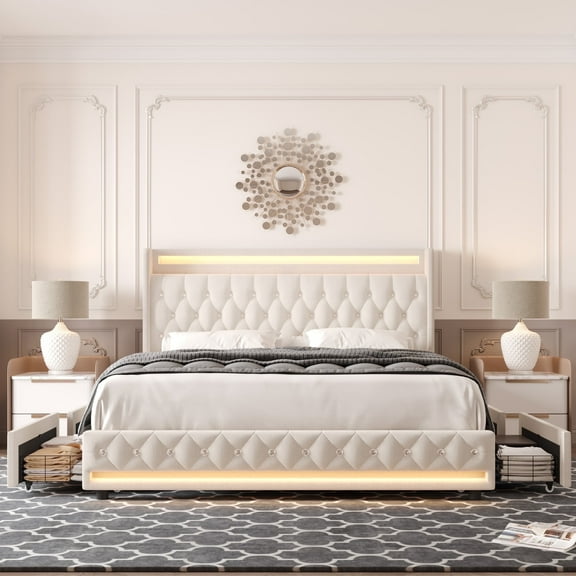 Homfa King Size LED Bed Frame with 4 Storage Drawers, Modern Wingback Crystal Button Tufted Upholstered Platform Bed Frame with Outlets and USB Ports & Display Platform, Beige