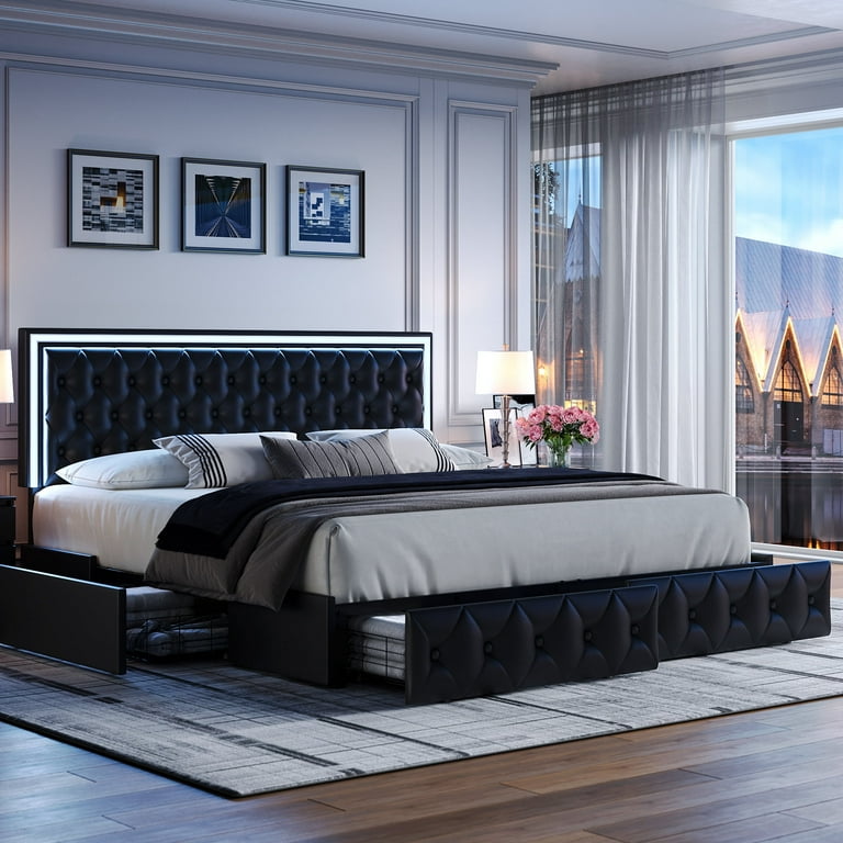 Homfa King LED Bed with 4 Drawers LED Lights Platform Storage Bed Frame with Upholstered Adjustable Button Tufted Headboard PU Black