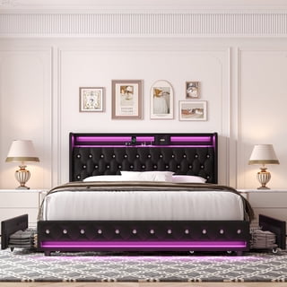 Homfa King Size LED Bed Frame with Outlets and USB Ports & Display Platform, 4 Storage Drawers Modern Wingback PU Leather Crystal Button Upholstered Platform Bed Frame, Black