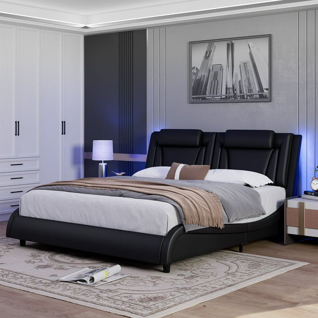 Homfa King Size LED Bed Frame, PU Leather Upholstered Curved Platform