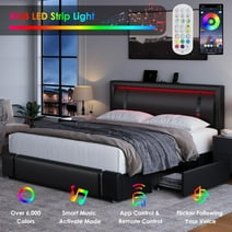 Homfa King Size LED Bed Frame with 2 Storage Drawers, Modern Leather Upholstered Platform Bed Frame with Adjustable Headboard, Black