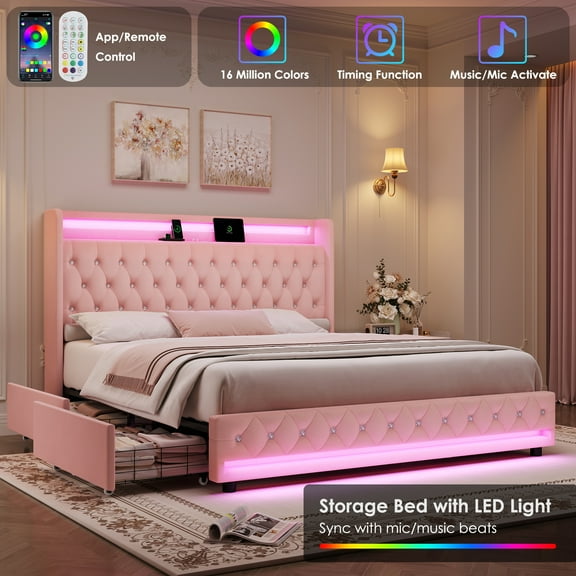 Homfa King Size LED Bed Frame with 4 Storage Drawers, Modern Wingback Crystal Button Tufted Upholstered Platform Bed Frame with Outlets and USB Ports & Display Platform, Pink