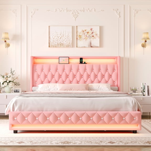Homfa King Size LED Bed Frame with 4 Storage Drawers, Modern Wingback Crystal Button Tufted Upholstered Platform Bed Frame with Outlets and Usb Ports & Display Platform, Pink