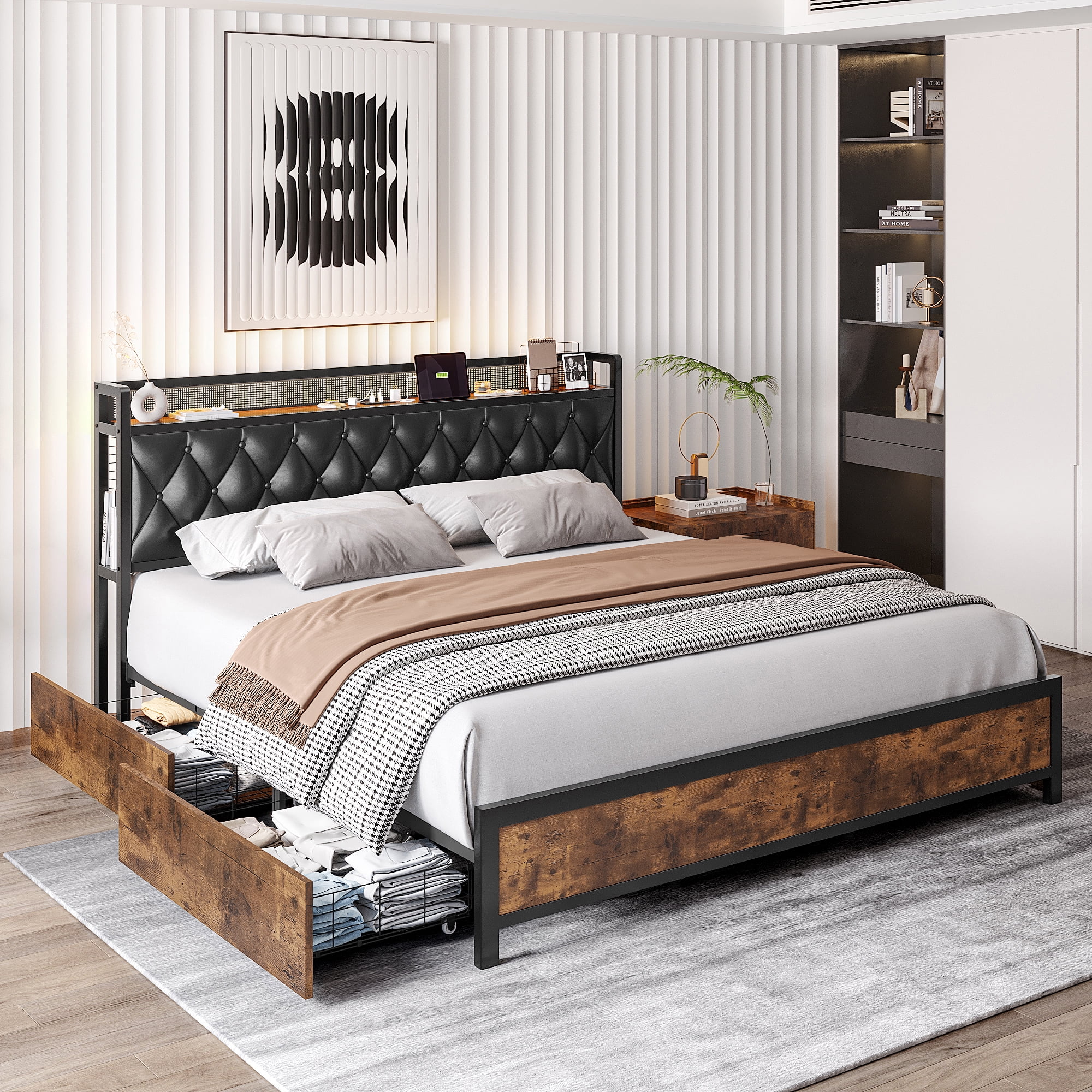 Homfa Queen Size LED Bed Frame with 4 Storage Drawers, Modern Leather