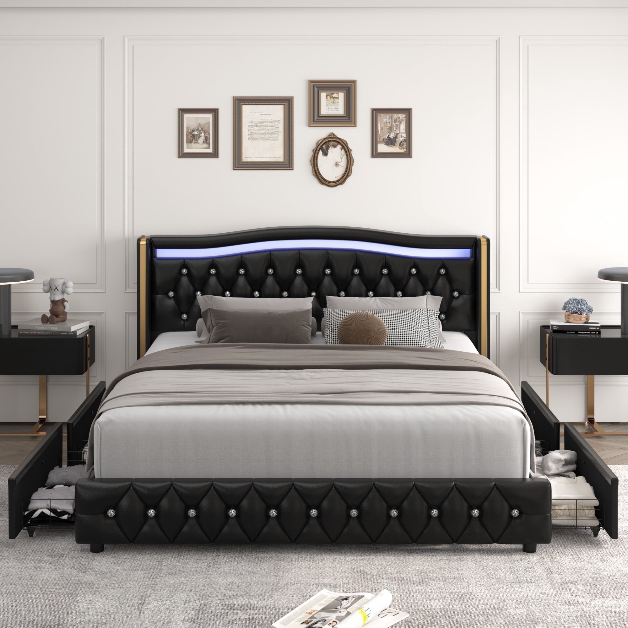 Homfa King Size LED Bed Frame with 4 Storage Drawers, PU Leather ...