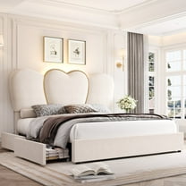 Homfa King Size LED Bed Frame with 4 Storage Drawers, Velvet Upholstered Platform Bed with High Love-Heart Shaped Headboard, Beige