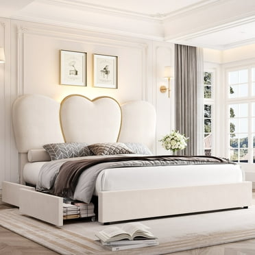 Homfa King Size LED Bed Frame with 4 Storage Drawers, Velvet Upholstered Platform Bed with High Love-Heart Shaped Headboard, Beige