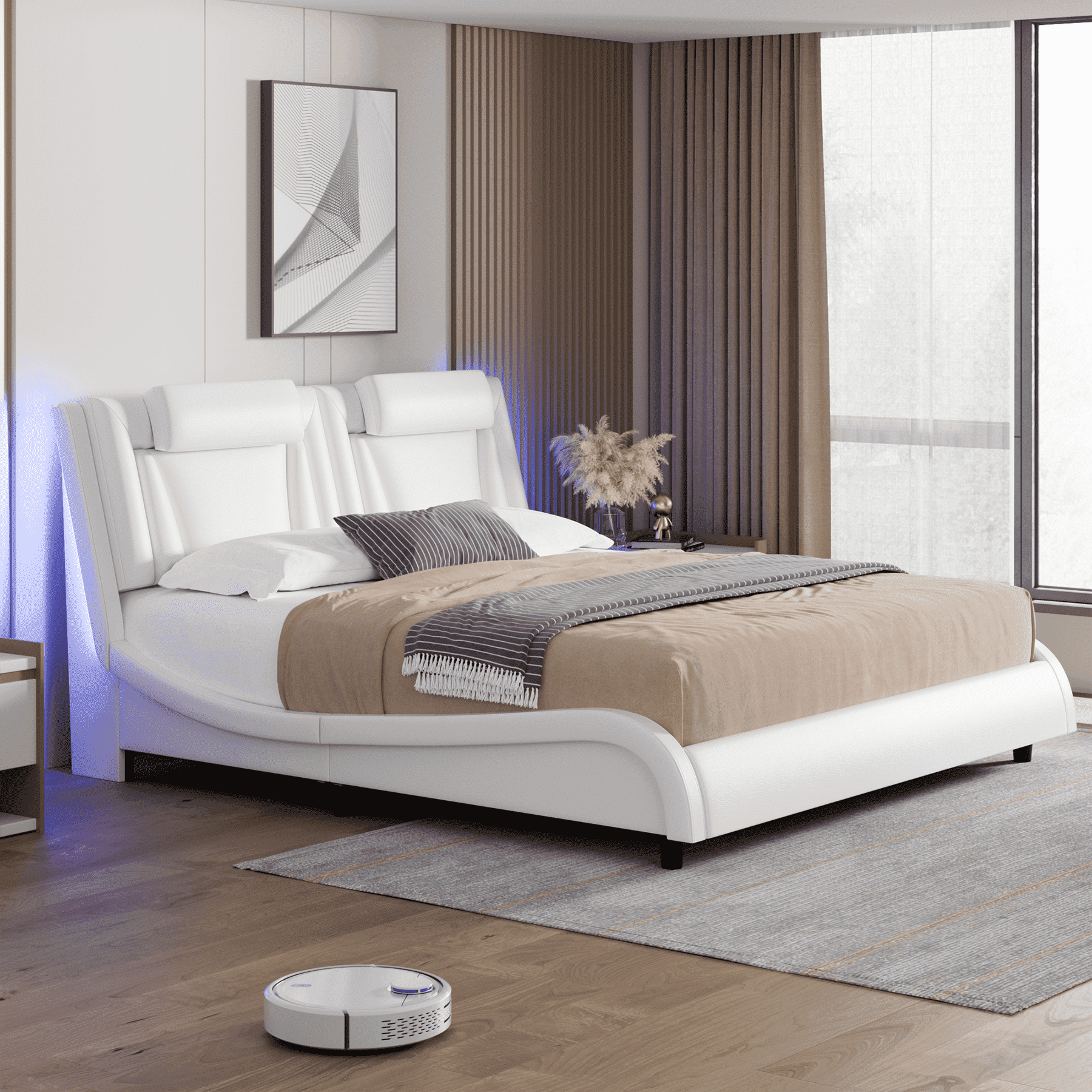 Homfa King Size LED Bed Frame with Pillows, PU Leather Curved Upholstered Platform Bed with Adjustable Headboard, White
