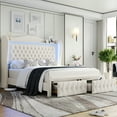 thumbnail image 1 of Homfa King Size LED Bed Frame with Storage Drawers, 54in Tall Velvet Upholstered Headboard Platform Bed with Wingback Buttons Headboard, Beige, 1 of 12