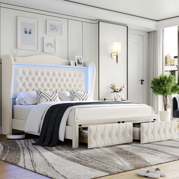 Homfa King Size LED Bed Frame with Storage Drawers, 54in Tall Velvet Upholstered Headboard Platform Bed with Wingback Buttons Headboard, Beige