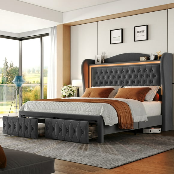Homfa King Size LED Bed Frame with Storage Drawers, 54in Tall Velvet Upholstered Headboard Platform Bed with Wingback Buttons Headboard, Gray